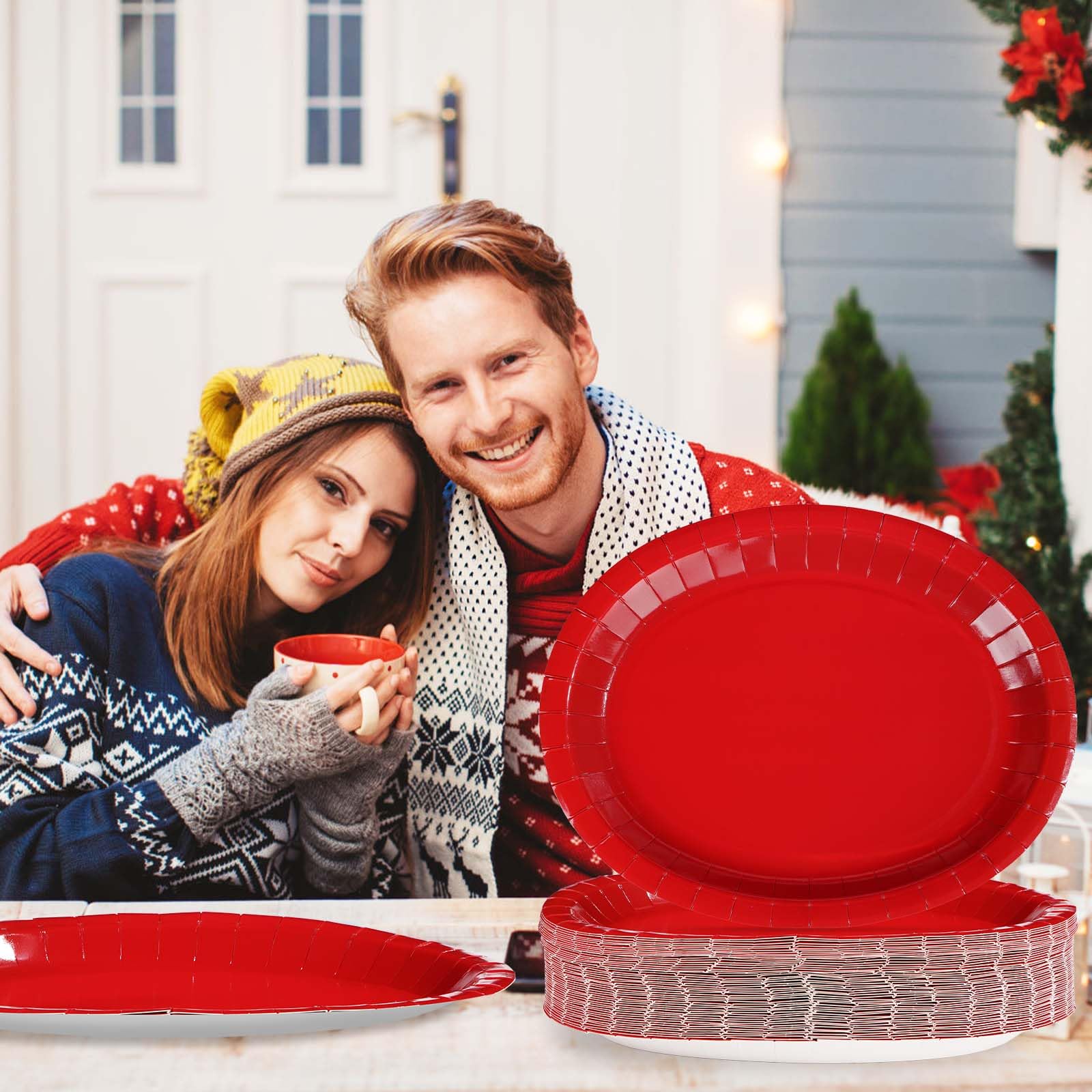 100 Pcs Red Oval Party Paper Plates - Grencian