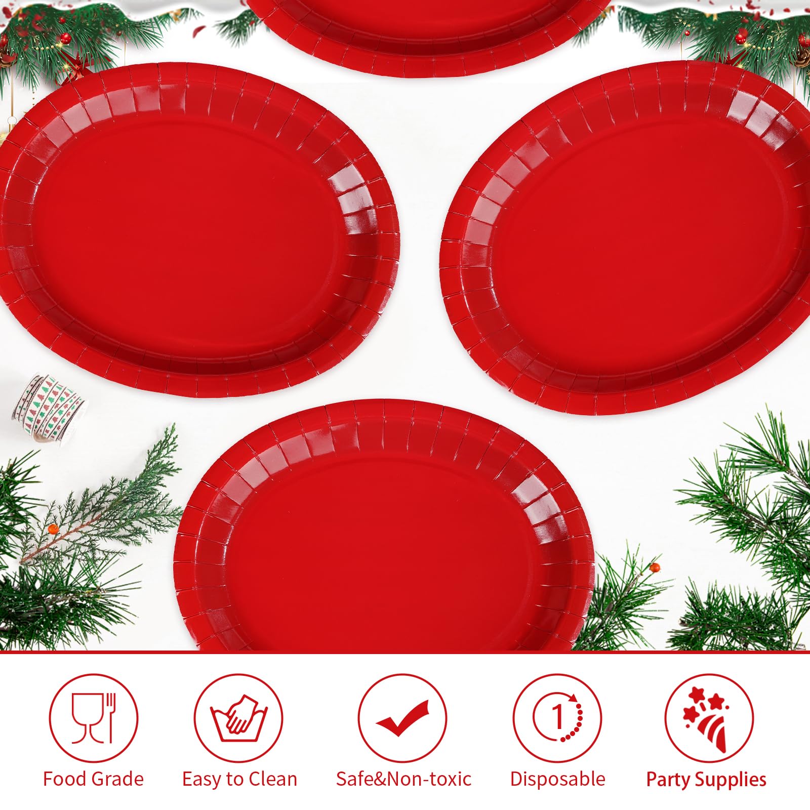 100 Pcs Red Oval Party Paper Plates - Grencian