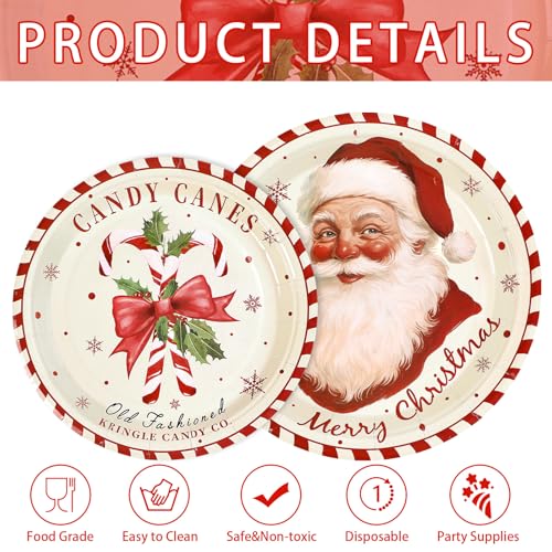 100 Pcs Santa Claus Candy Cane Party Paper Plates - Grencian