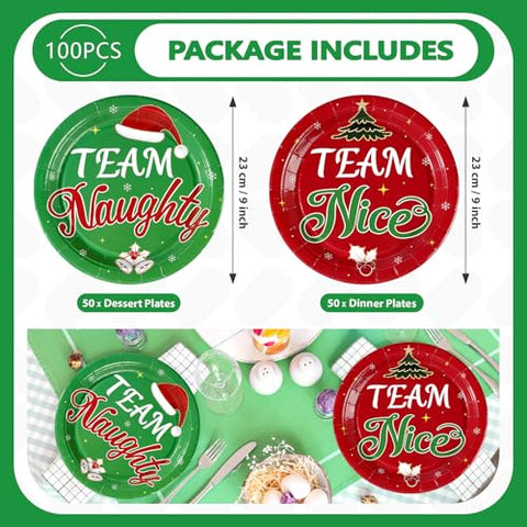 100 Pcs Team Naughty Team Nice Party Paper Plates - Grencian