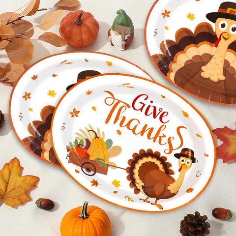 100 Pcs Thanksgiving Turkey Oval Party Paper Plates - Grencian