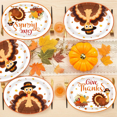 100 Pcs Thanksgiving Turkey Oval Party Paper Plates - Grencian