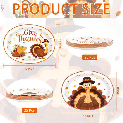 100 Pcs Thanksgiving Turkey Oval Party Paper Plates - Grencian