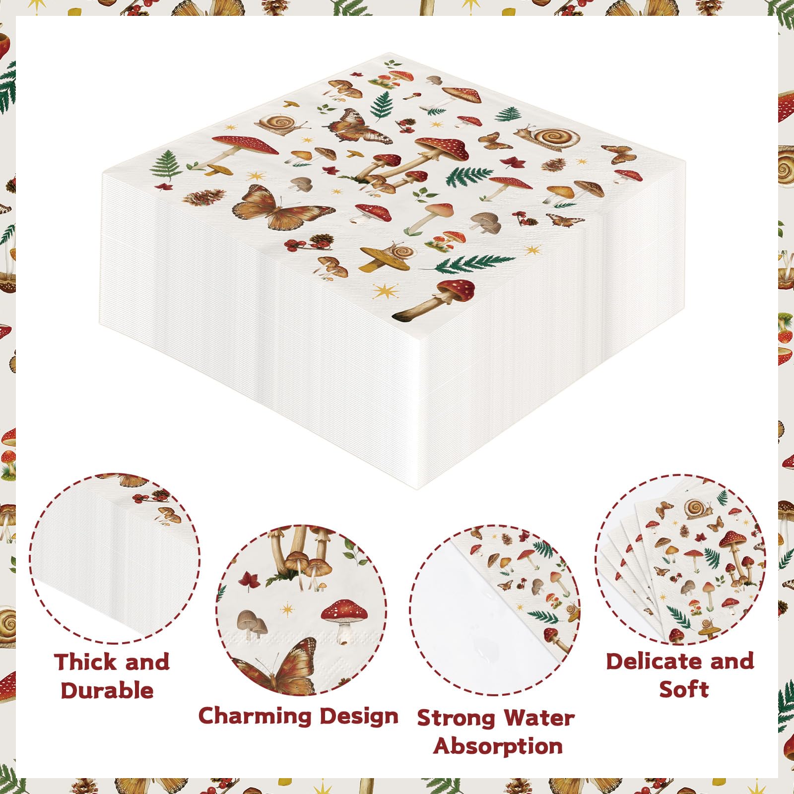100 Pcs Vintage Mushroom Square Party Napkins - Grencian