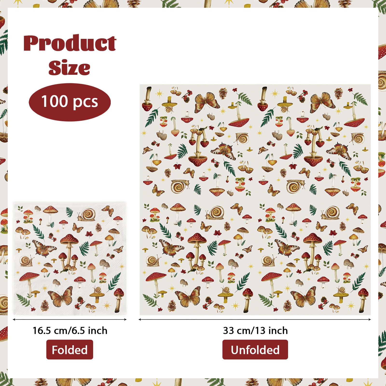 100 Pcs Vintage Mushroom Square Party Napkins - Grencian