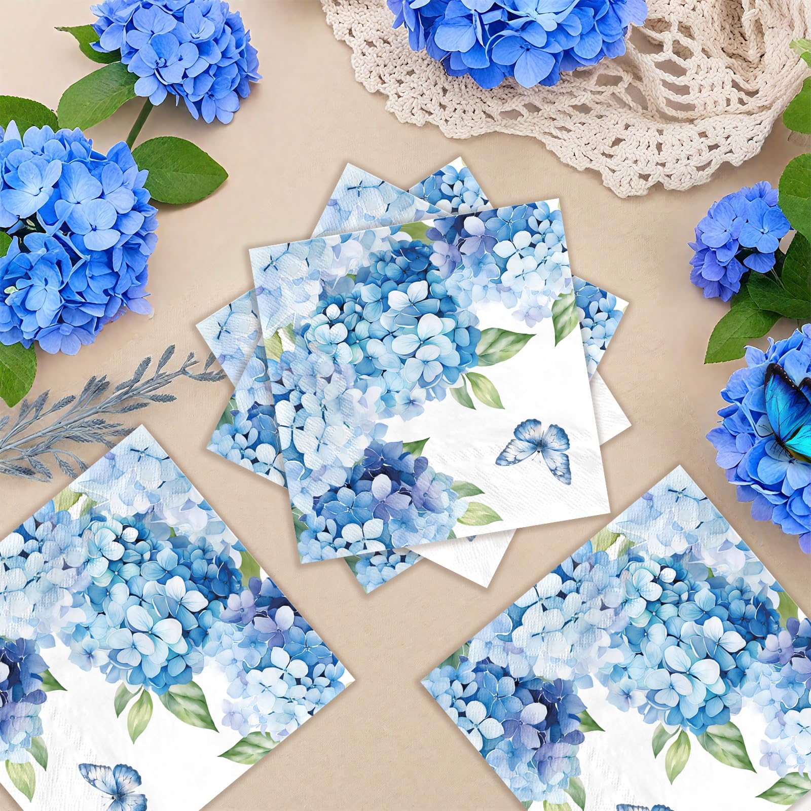 100 Pcs Watercolor Hydrangea Square Party Napkins 2 Ply - Grencian