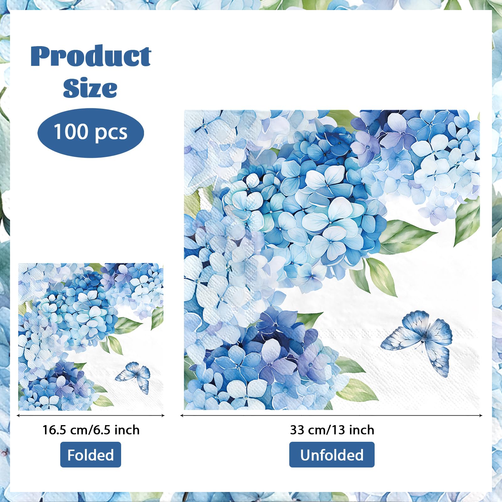 100 Pcs Watercolor Hydrangea Square Party Napkins 2 Ply - Grencian
