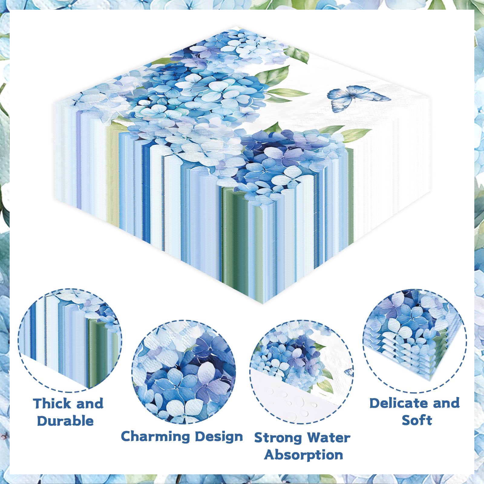 100 Pcs Watercolor Hydrangea Square Party Napkins 2 Ply - Grencian