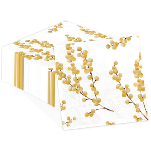 100 Pcs White Gold Berry Square Party Napkins - Grencian