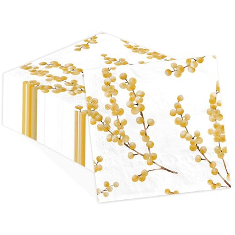 100 Pcs White Gold Berry Square Party Napkins - Grencian