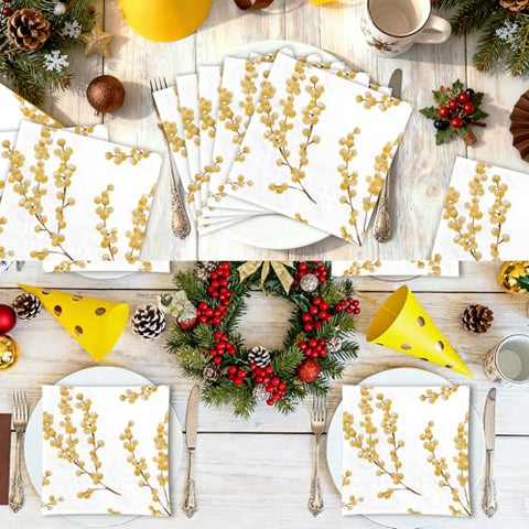 100 Pcs White Gold Berry Square Party Napkins - Grencian