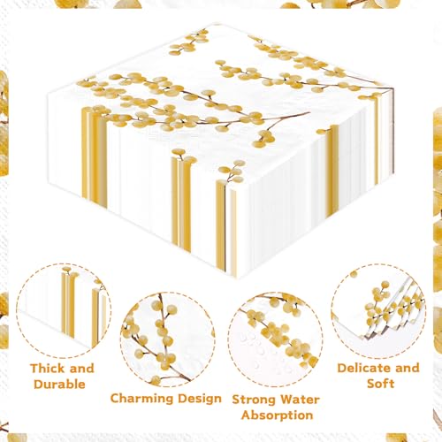 100 Pcs White Gold Berry Square Party Napkins - Grencian