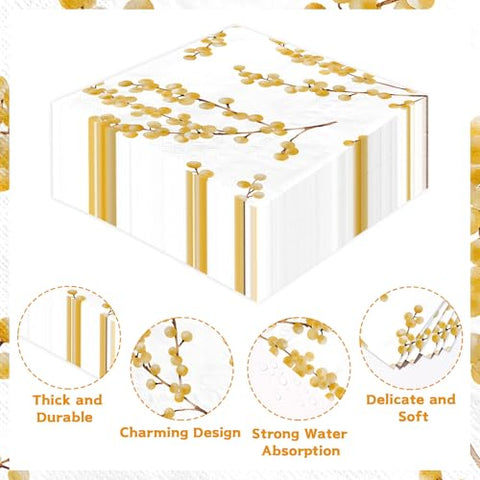 100 Pcs White Gold Berry Square Party Napkins - Grencian