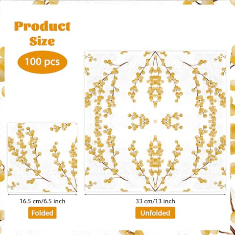 100 Pcs White Gold Berry Square Party Napkins - Grencian
