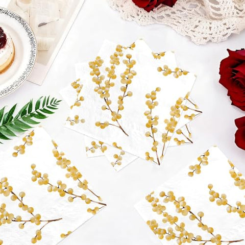 100 Pcs White Gold Berry Square Party Napkins - Grencian