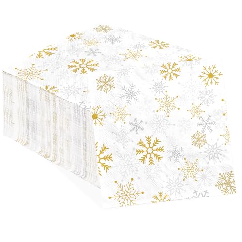 100 Pcs White Gold Snowflake Square Party Napkins - Grencian