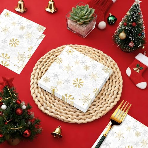 100 Pcs White Gold Snowflake Square Party Napkins - Grencian