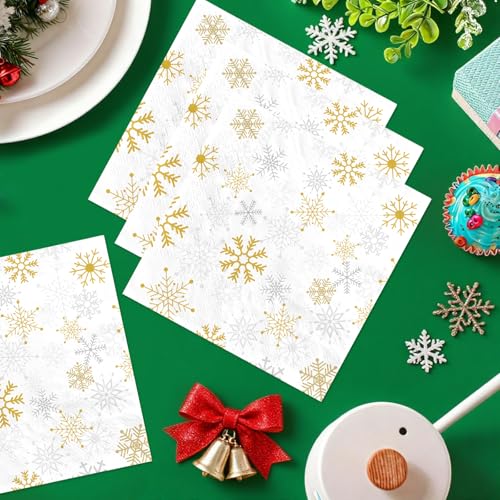 100 Pcs White Gold Snowflake Square Party Napkins - Grencian
