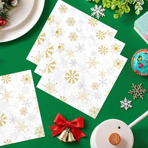 100 Pcs White Gold Snowflake Square Party Napkins - Grencian
