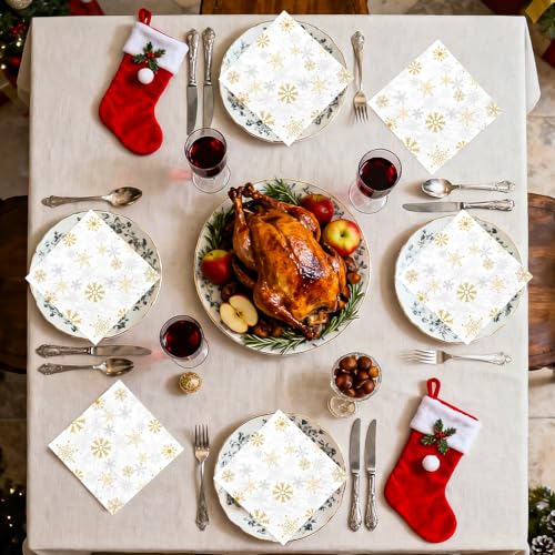 100 Pcs White Gold Snowflake Square Party Napkins - Grencian