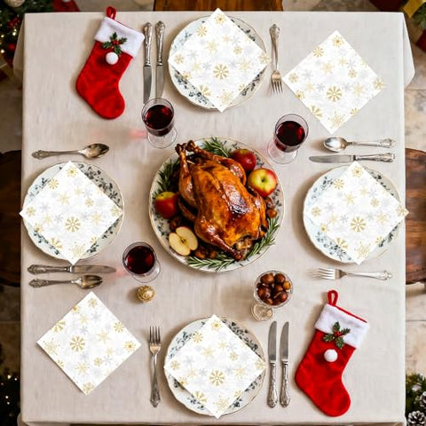 100 Pcs White Gold Snowflake Square Party Napkins - Grencian