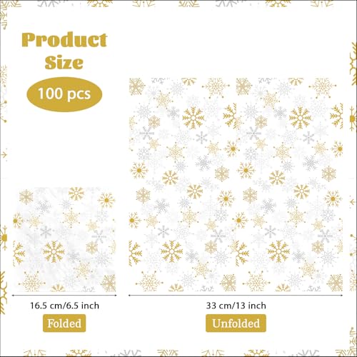100 Pcs White Gold Snowflake Square Party Napkins - Grencian