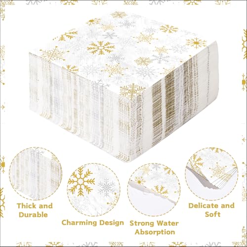 100 Pcs White Gold Snowflake Square Party Napkins - Grencian