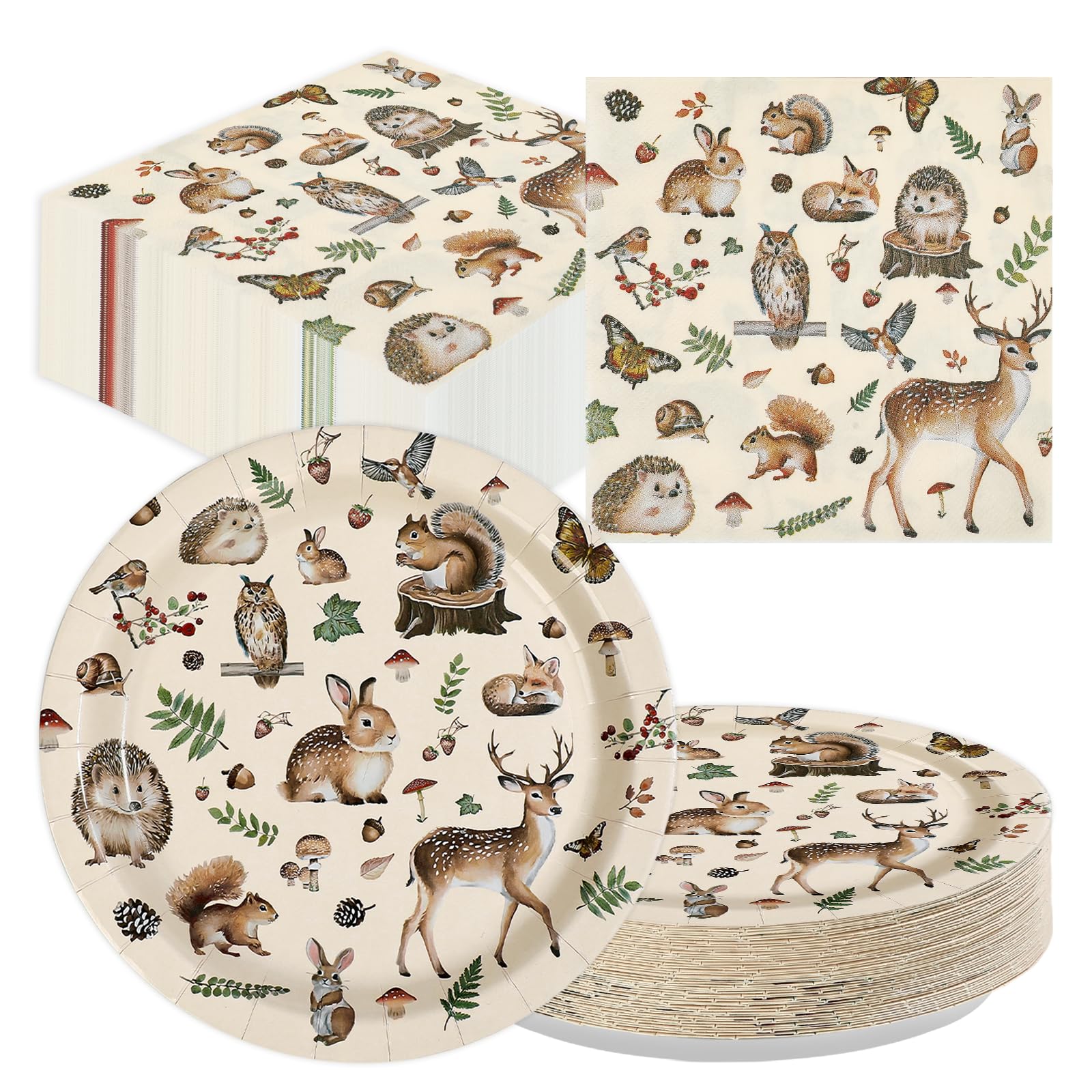 100 Pcs Woodland Party Plates and Napkins - Grencian