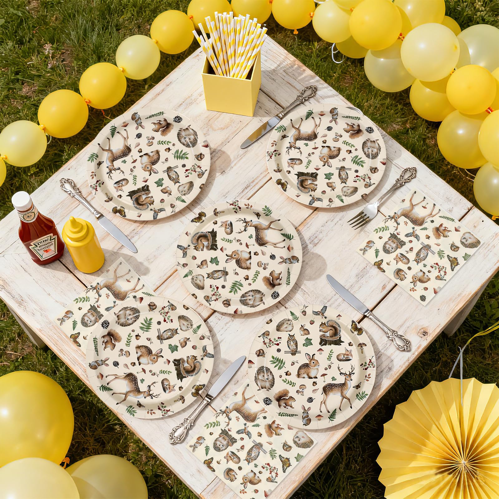 100 Pcs Woodland Party Plates and Napkins - Grencian