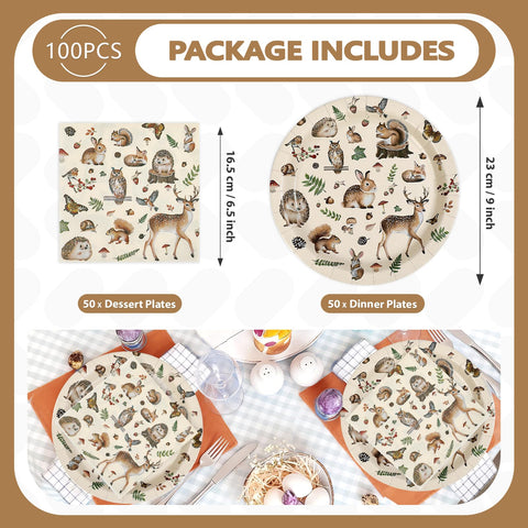 100 Pcs Woodland Party Plates and Napkins - Grencian