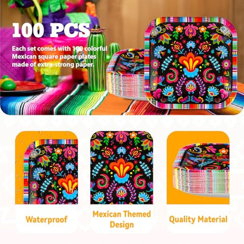 100Pcs Mexican Square Paper Plates - Grencian