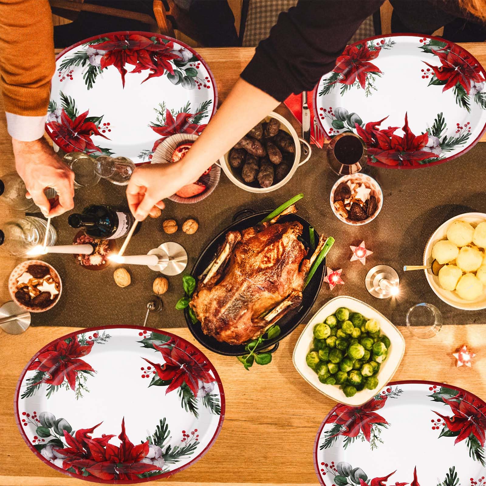 100 Pcs Poinsettia Floral Oval Paper Plates - Grencian