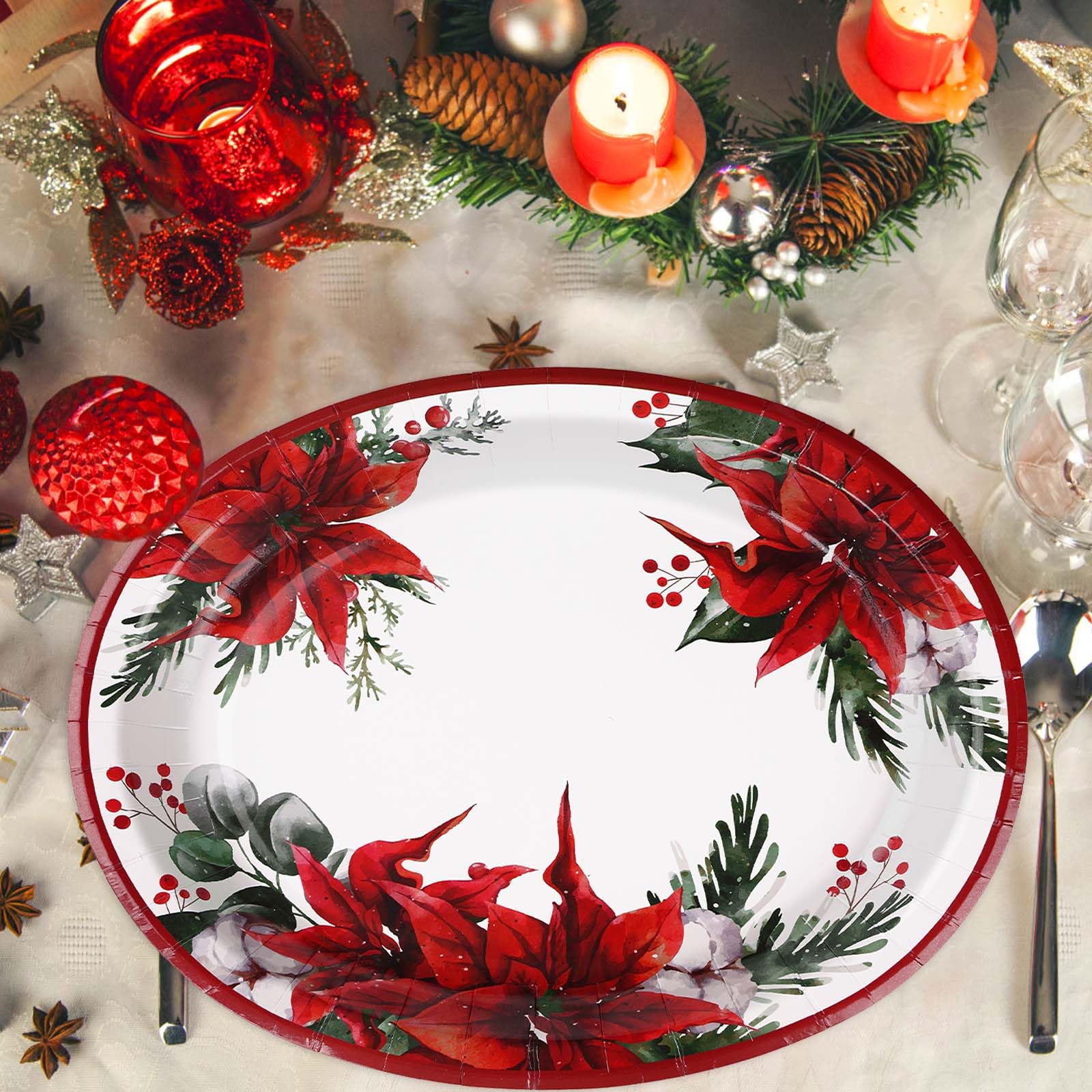 100 Pcs Poinsettia Floral Oval Paper Plates - Grencian