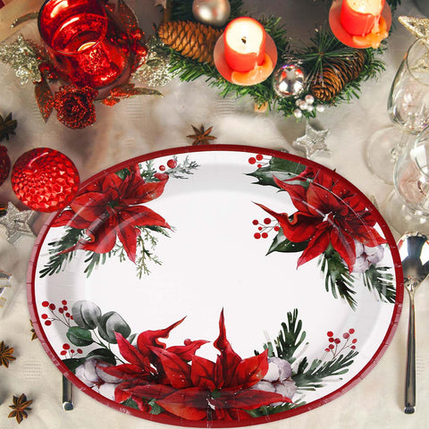 100 Pcs Poinsettia Floral Oval Paper Plates - Grencian