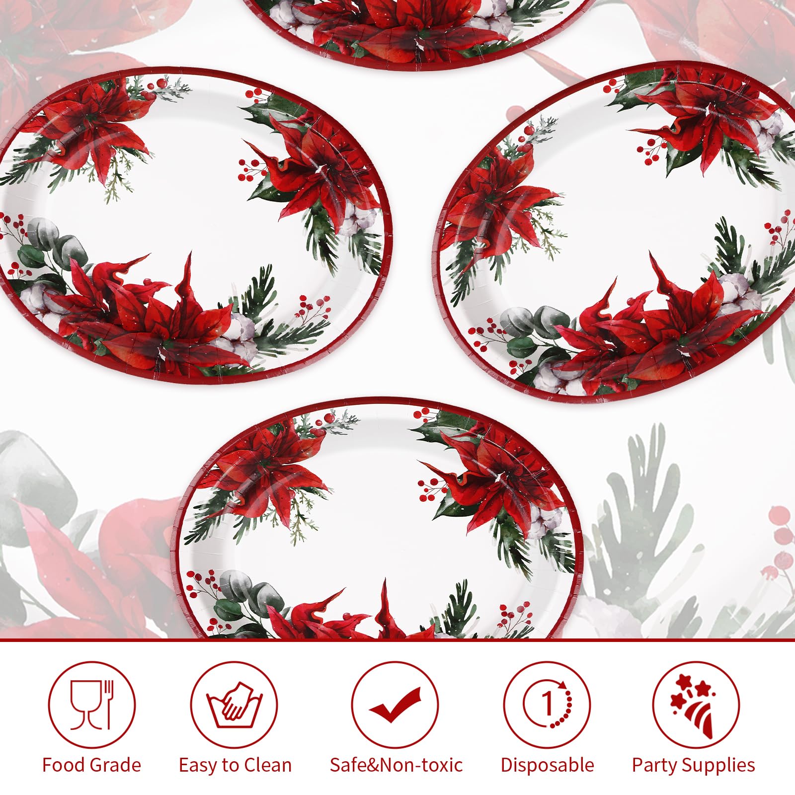 100 Pcs Poinsettia Floral Oval Paper Plates - Grencian