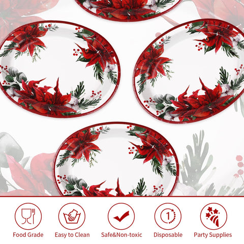 100 Pcs Poinsettia Floral Oval Paper Plates - Grencian