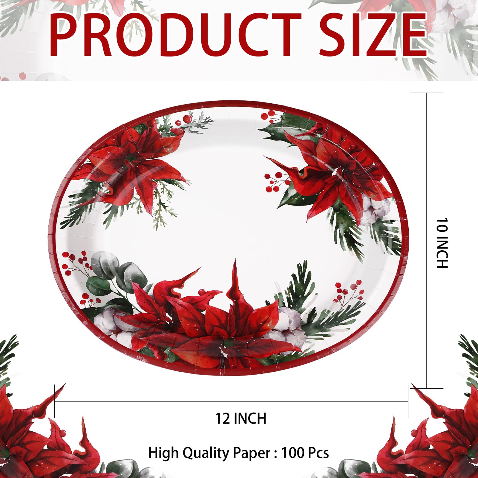 100 Pcs Poinsettia Floral Oval Paper Plates - Grencian
