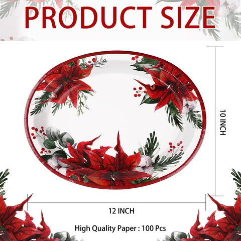 100 Pcs Poinsettia Floral Oval Paper Plates - Grencian