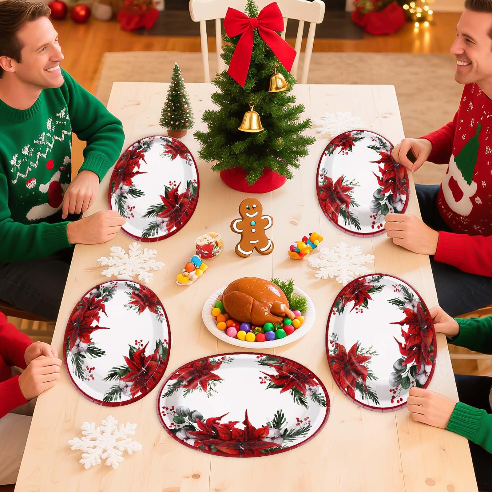 100 Pcs Poinsettia Floral Oval Paper Plates - Grencian