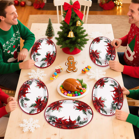 100 Pcs Poinsettia Floral Oval Paper Plates - Grencian