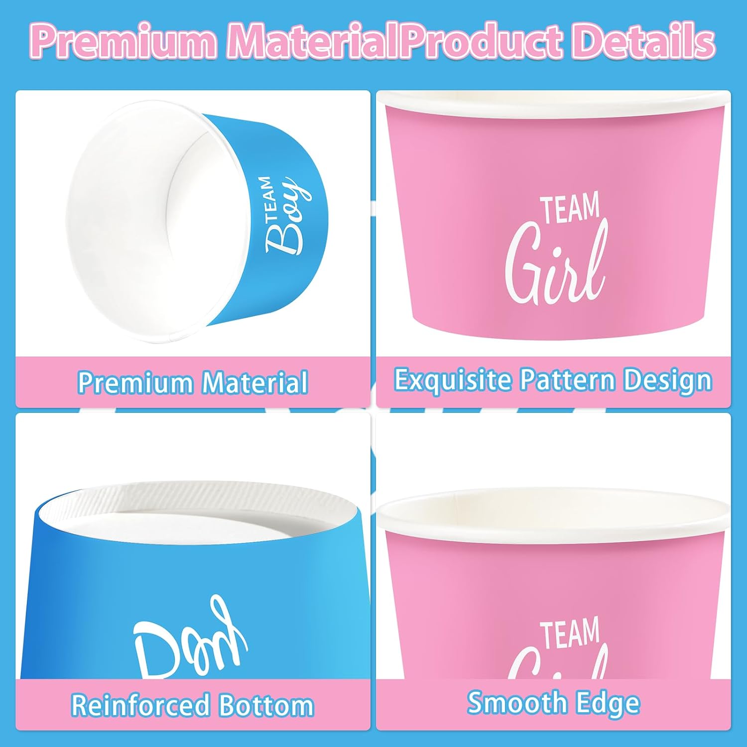 100Pcs 12oz Gender Reveal Ice Cream Cups Disposable Dessert Bowls - Grencian