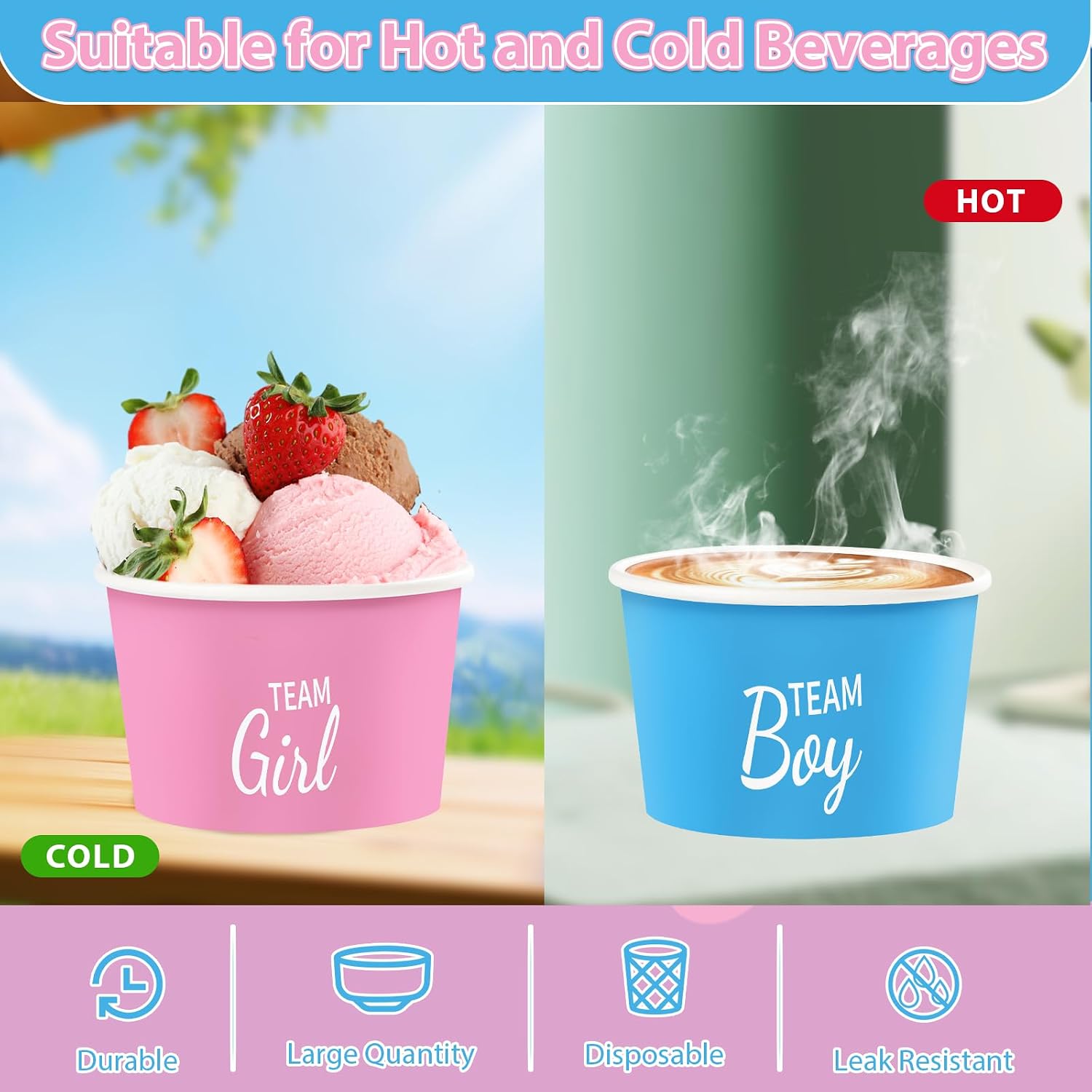 100Pcs 12oz Gender Reveal Ice Cream Cups Disposable Dessert Bowls - Grencian