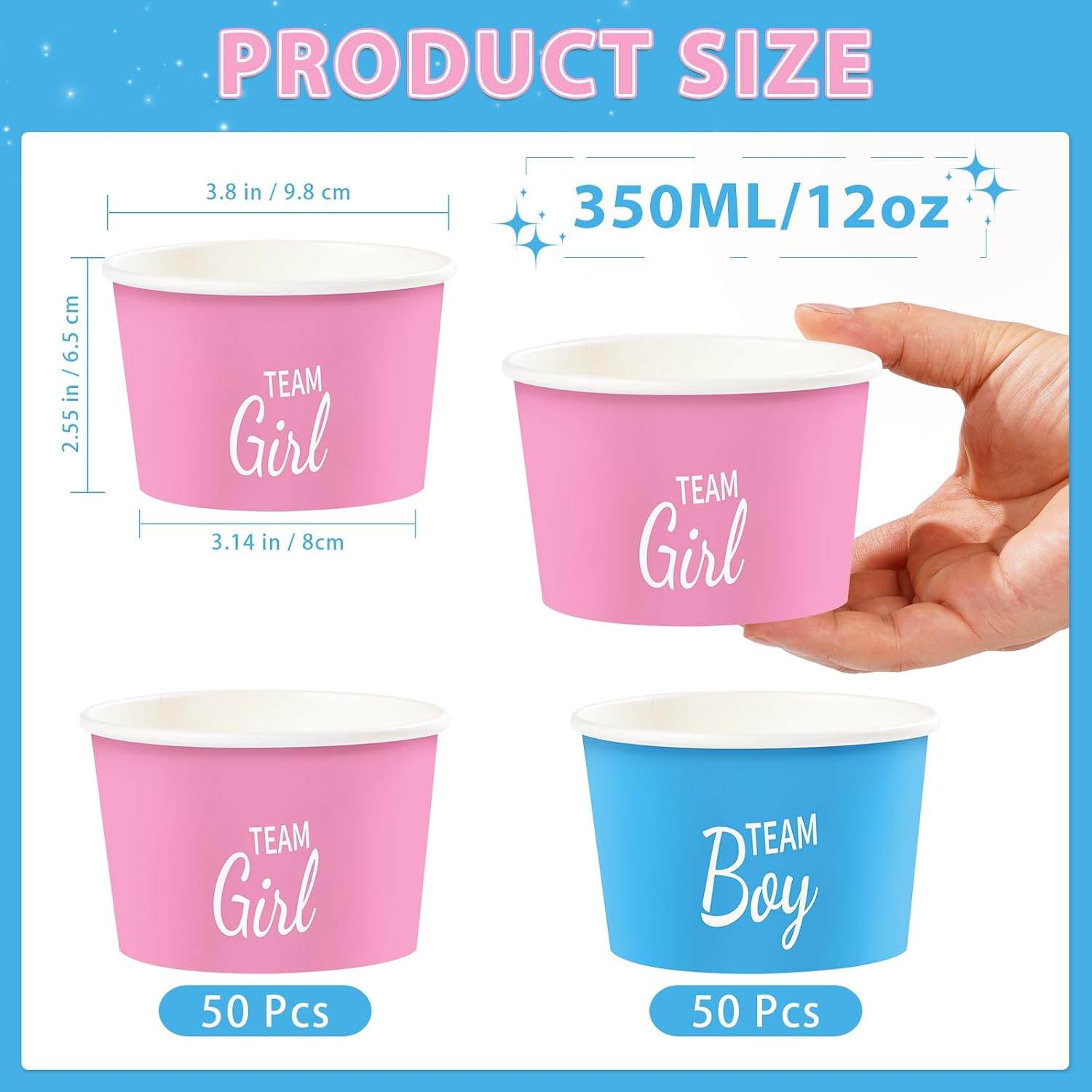 100Pcs 12oz Gender Reveal Ice Cream Cups Disposable Dessert Bowls - Grencian