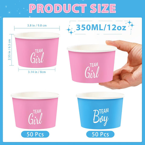 100Pcs 12oz Gender Reveal Ice Cream Cups Disposable Dessert Bowls - Grencian