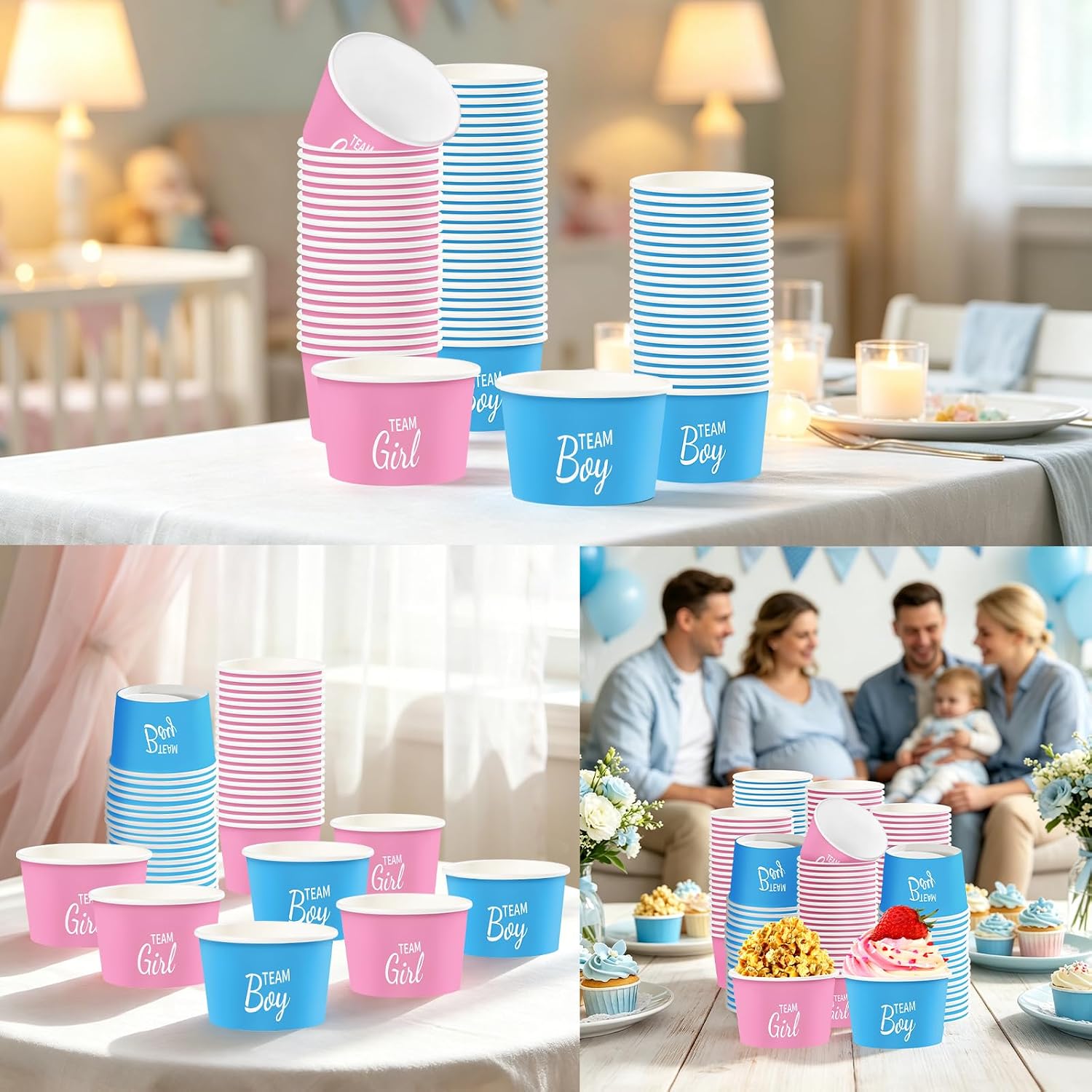 100Pcs 12oz Gender Reveal Ice Cream Cups Disposable Dessert Bowls - Grencian