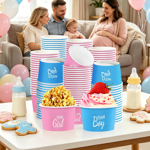 100Pcs 12oz Gender Reveal Ice Cream Cups Disposable Dessert Bowls - Grencian