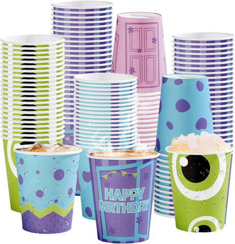 100Pcs Monster Party Disposable Cups 9oz - Little Monster Green Purple Cartoon Paper Cups for Kids Birthday Baby Shower - Grencian