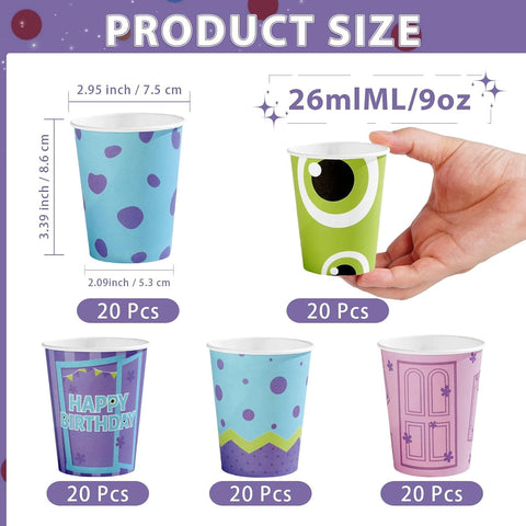 100Pcs Monster Party Disposable Cups 9oz - Little Monster Green Purple Cartoon Paper Cups for Kids Birthday Baby Shower - Grencian