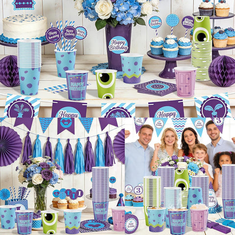 100Pcs Monster Party Disposable Cups 9oz - Little Monster Green Purple Cartoon Paper Cups for Kids Birthday Baby Shower - Grencian