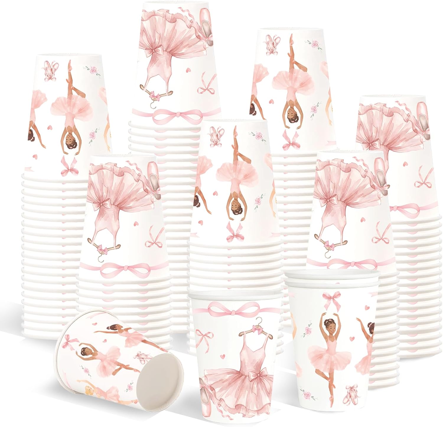 100Pcs Pink Ballerina Paper Drinking Cups 9oz - Ballet Bows Tutu Disposable Hot Cold Cups for Girls Baby Shower Birthday Dance Party - Grencian